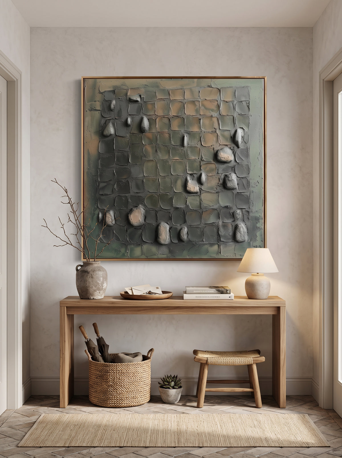 Earthy 3D impasto square relief painting mounted above wooden console table in modern Japandi entryway