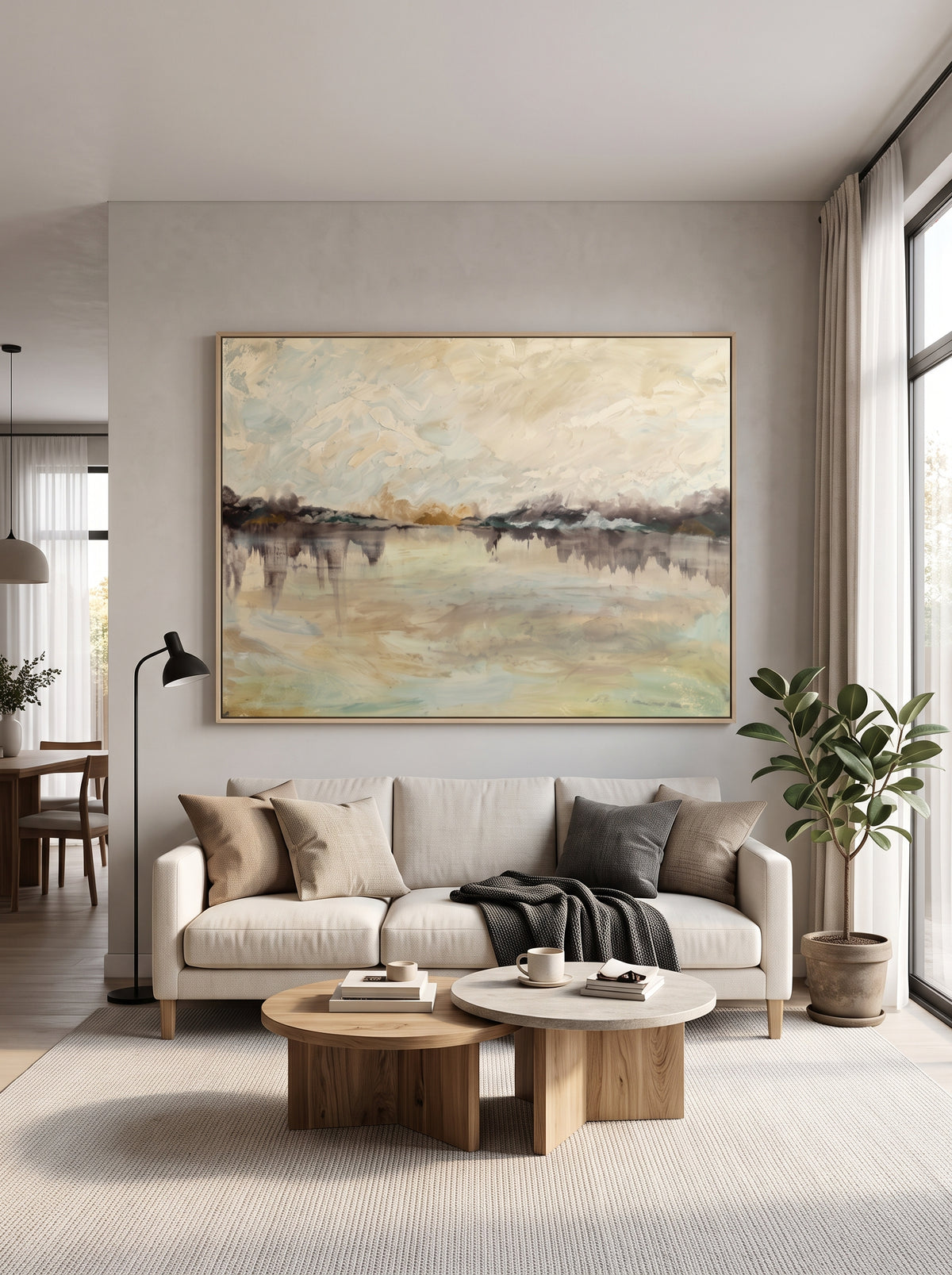 Oversized horizontal soft neutral lake landscape painting mounted above a contemporary living room sofa