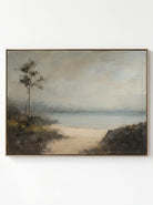 Modern Organic horizontal coastal shoreline hand-painted textured canvas art by Evelyn Li in floating frame