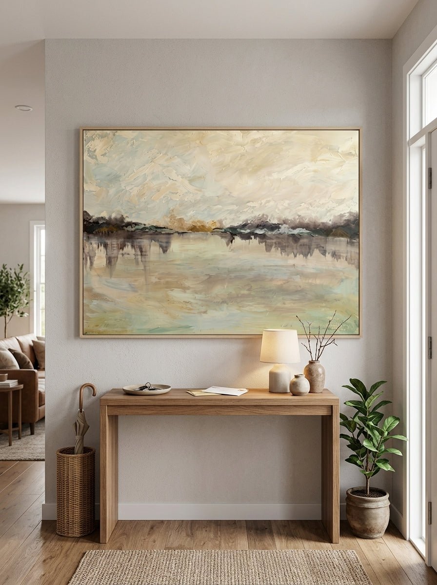 Framed peaceful lake landscape painting styled above a wooden console table in a bright modern entryway