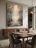 Oversized vertical golden tree landscape canvas art displayed on an open-concept dining room wall