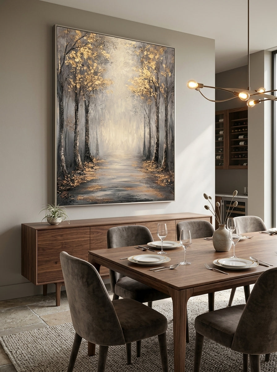 Oversized vertical golden tree landscape canvas art displayed on an open-concept dining room wall