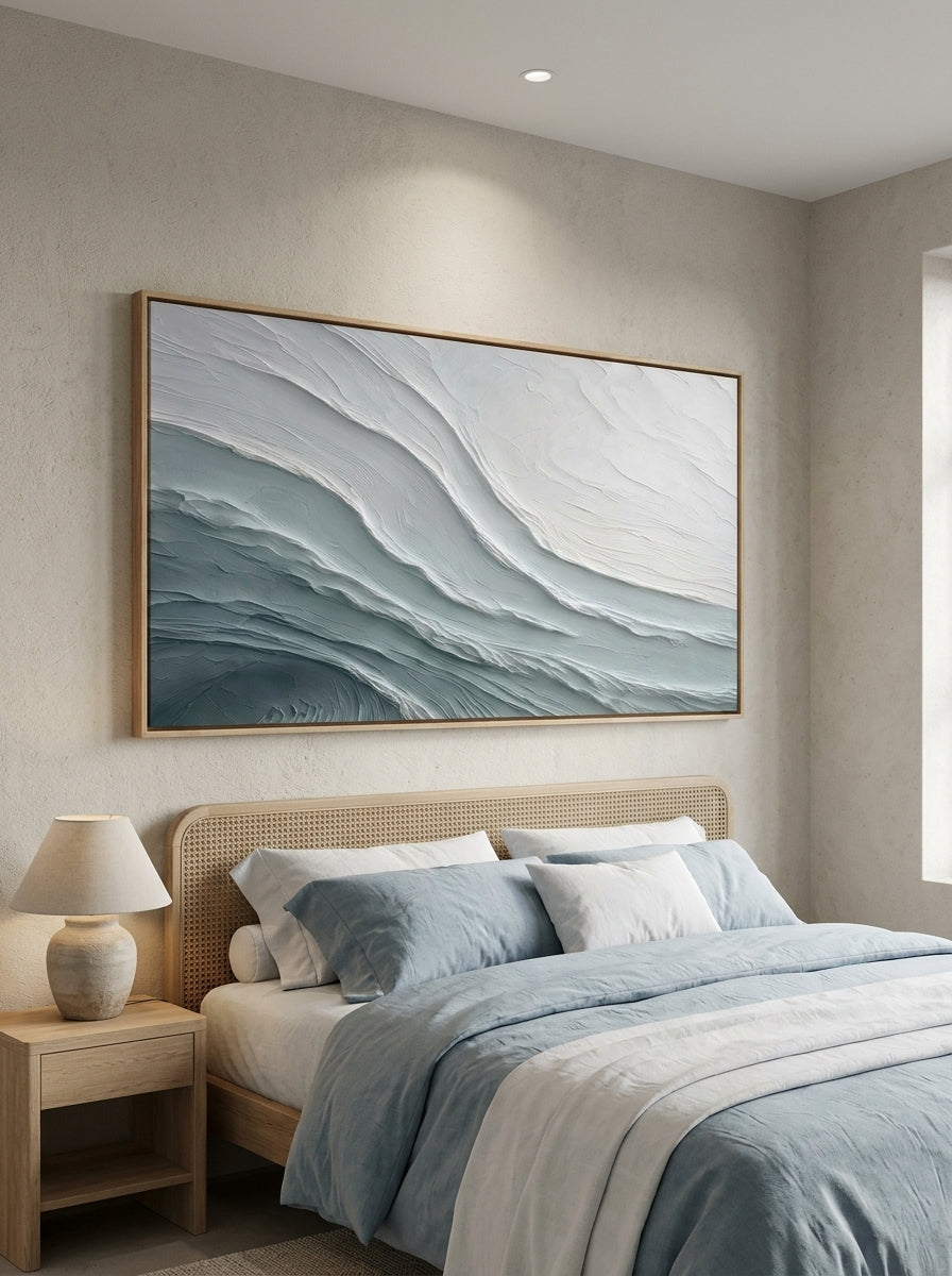 Serene coastal textured impasto artwork hanging above a neutral Japandi styled bedroom headboard