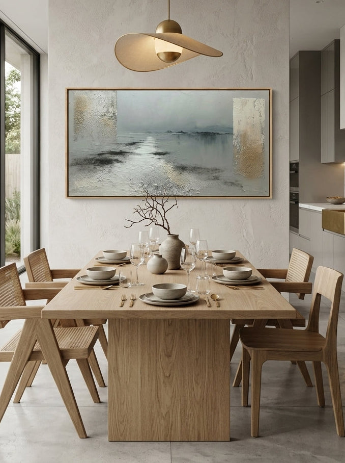 Muted grey coastal textured canvas wall art styled above an open concept dining room table