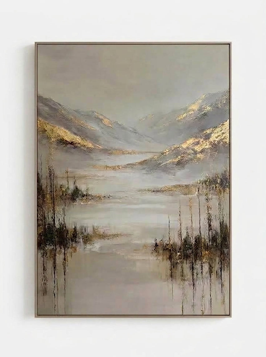 Wabi-Sabi vertical golden mountain and lake landscape hand-painted canvas art by Evelyn Li