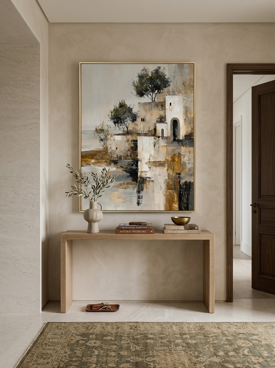 Vertical textured village architecture painting styled above a wooden entryway console table