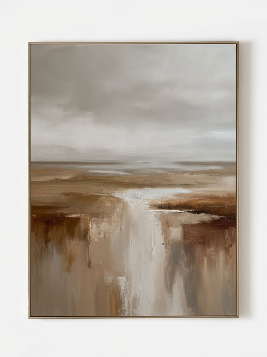 Wabi-Sabi vertical earthy coastal landscape hand-painted textured canvas art by Evelyn Li in floating frame