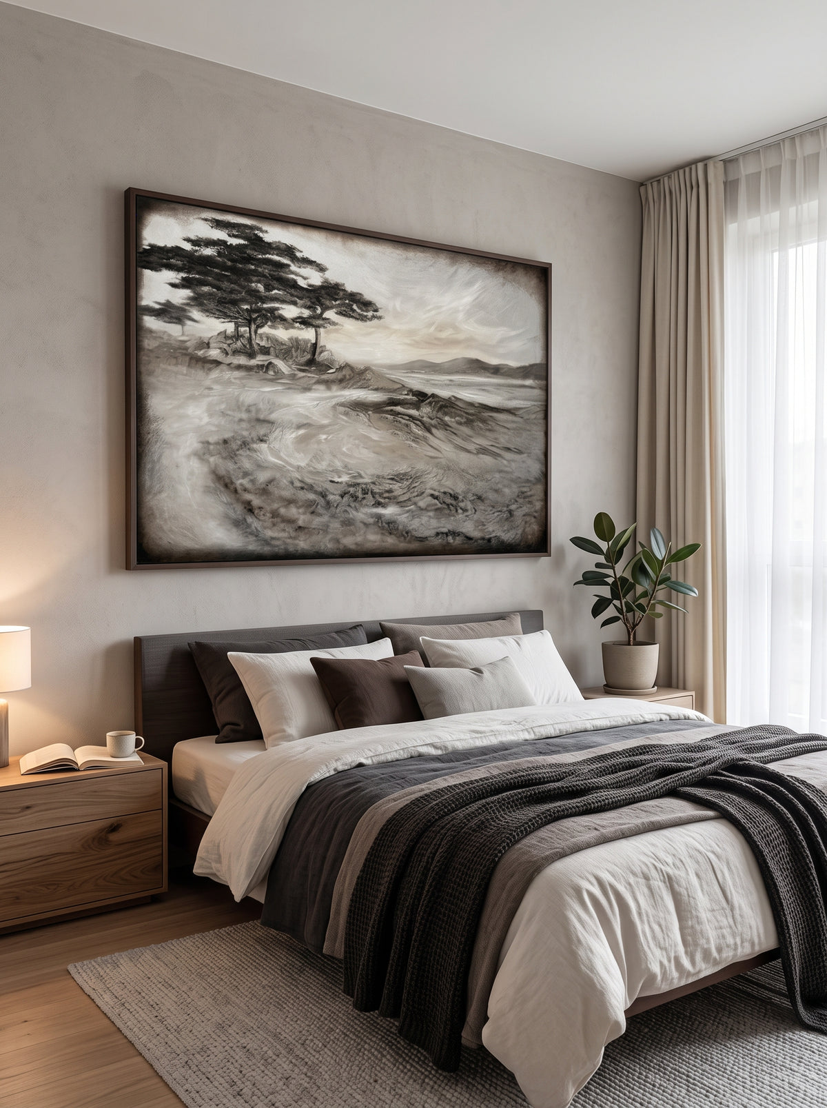 Monochrome Zen coastal wave and pine tree canvas artwork hanging above a Japandi wooden bedroom headboard
