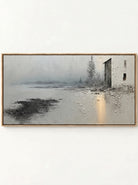 Textured horizontal misty lakeside cottage oil painting on canvas by Evelyn Li - WABI Wall Art