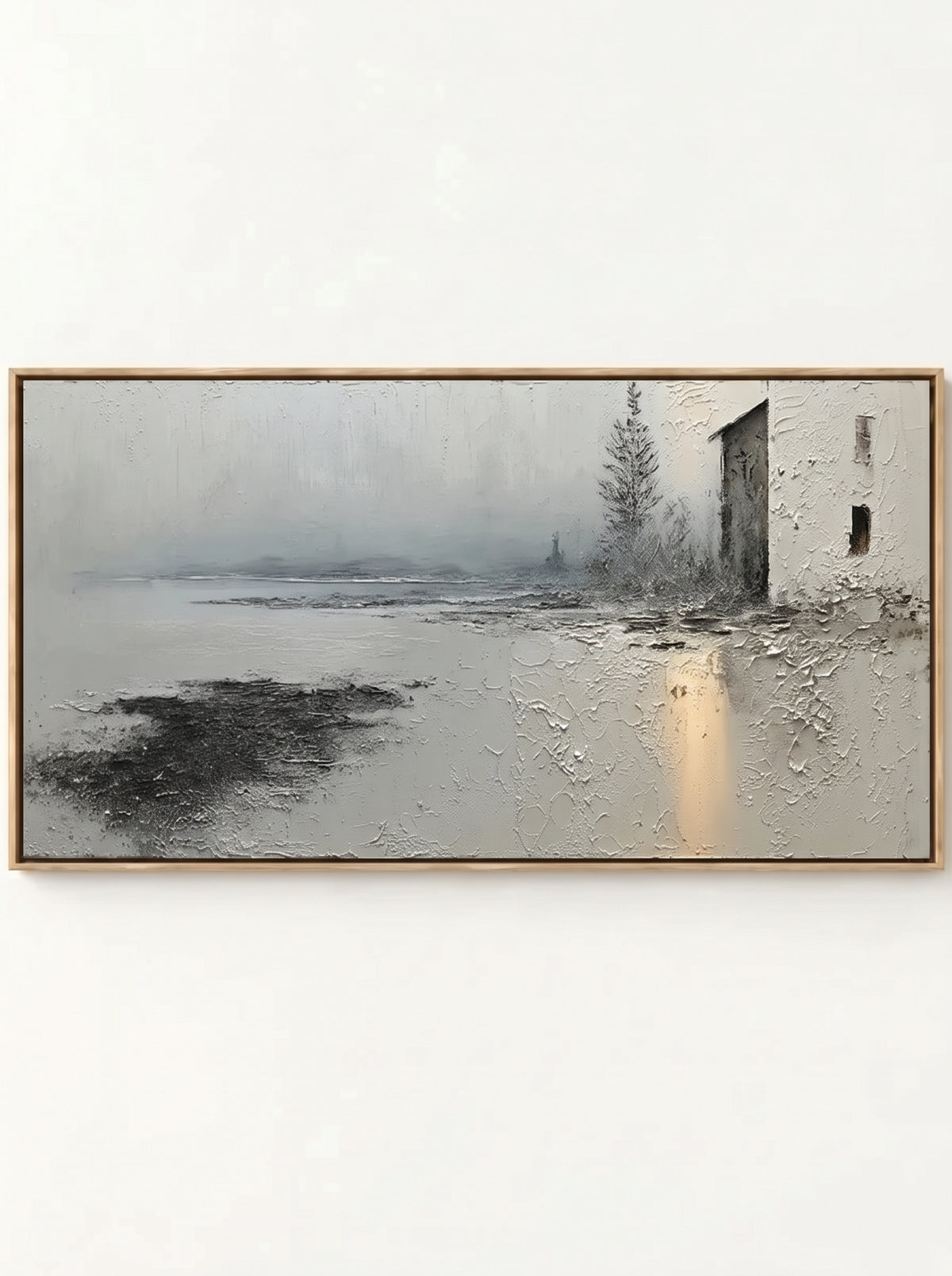 Textured horizontal misty lakeside cottage oil painting on canvas by Evelyn Li - WABI Wall Art