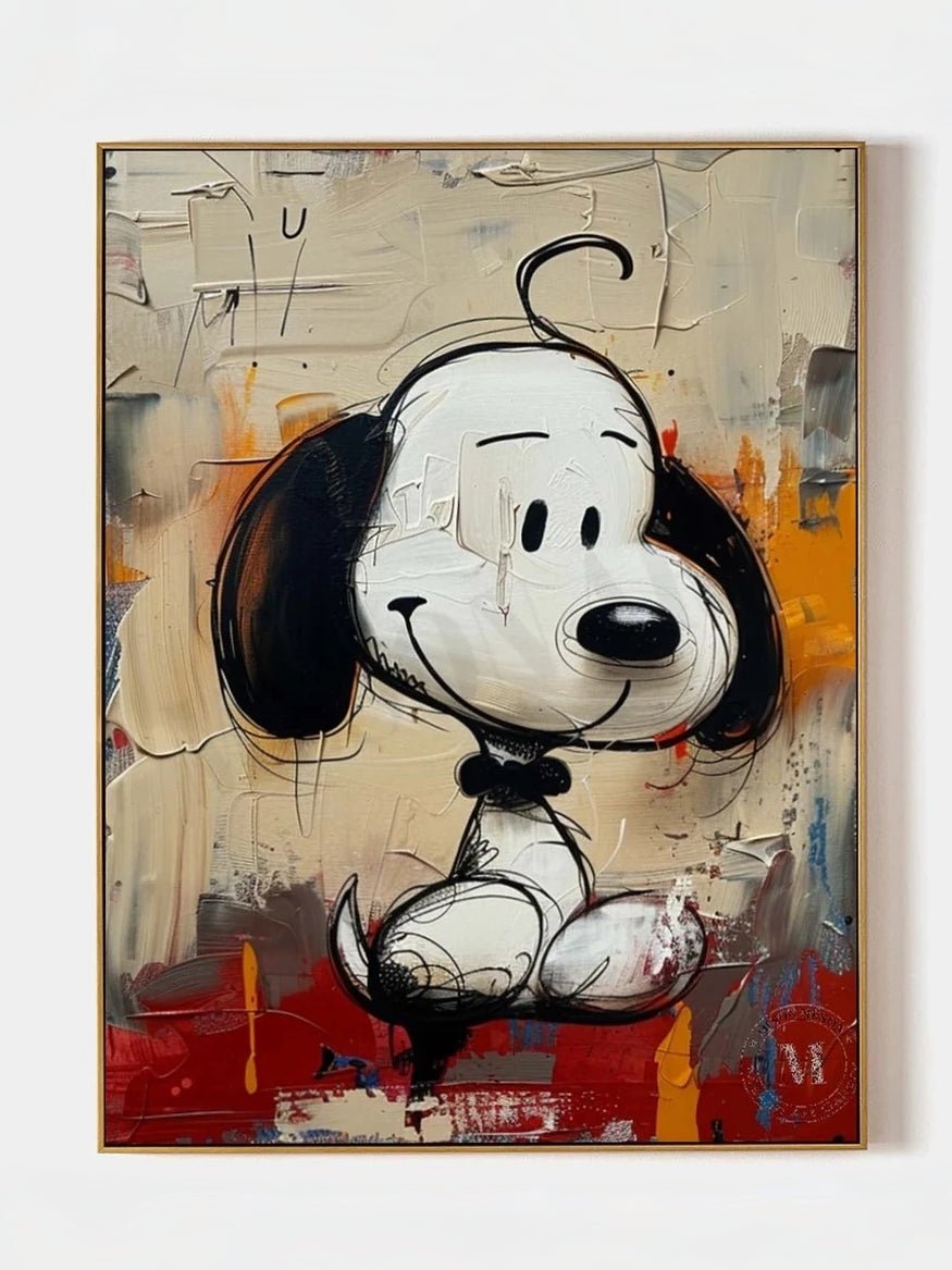 pop art painting– Snoopy cartoon character against textured abstract background, nostalgic wall art for modern interiors