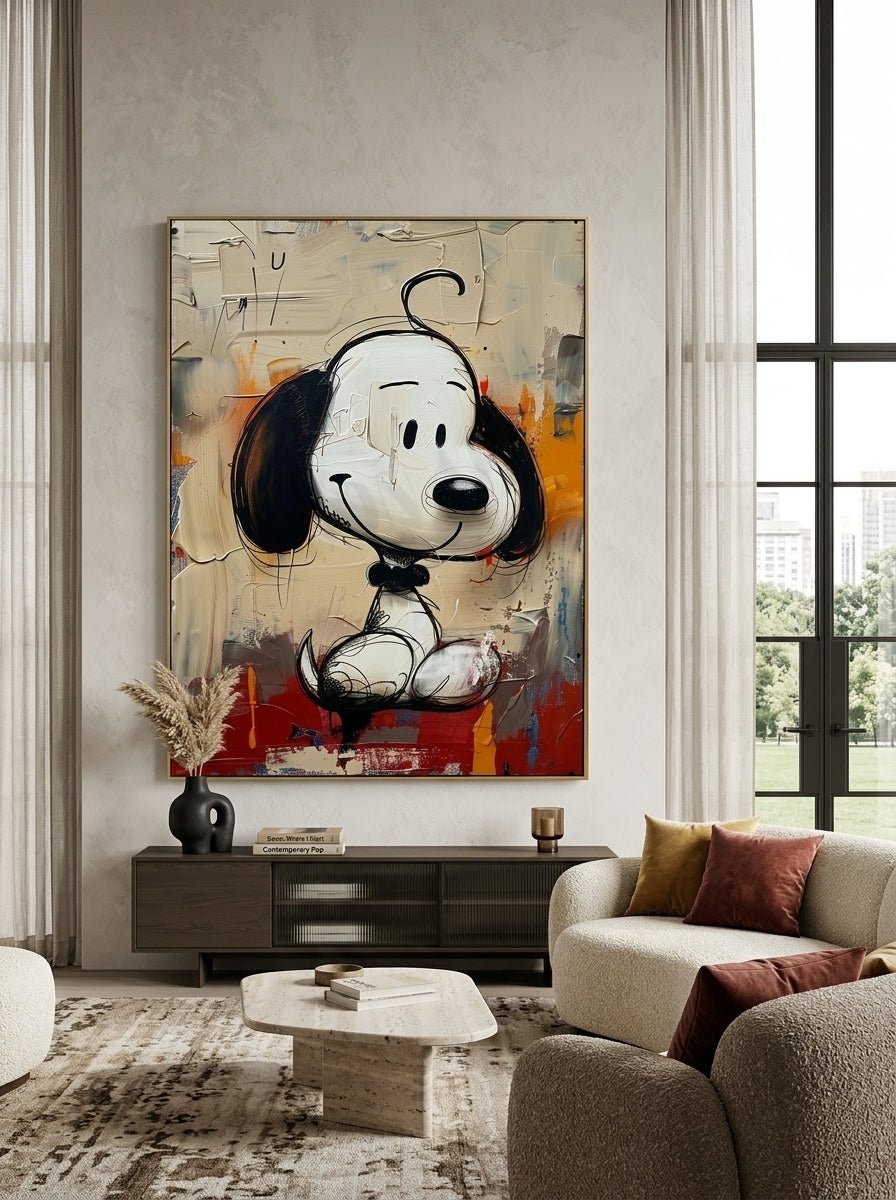 Hand-painted 3D textured street pop art cartoon dog painting by Kaelan Slate for modern home decor.