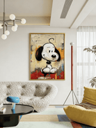 pop art painting– Snoopy cartoon character against textured abstract background, nostalgic wall art for modern interiors