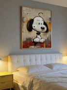 pop art painting– Snoopy cartoon character against textured abstract background, nostalgic wall art for modern interiors