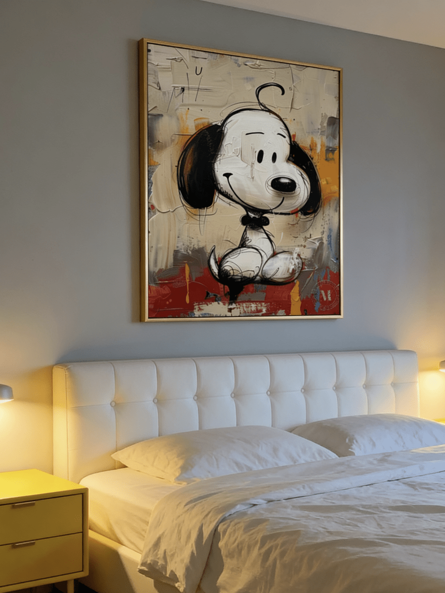 pop art painting– Snoopy cartoon character against textured abstract background, nostalgic wall art for modern interiors
