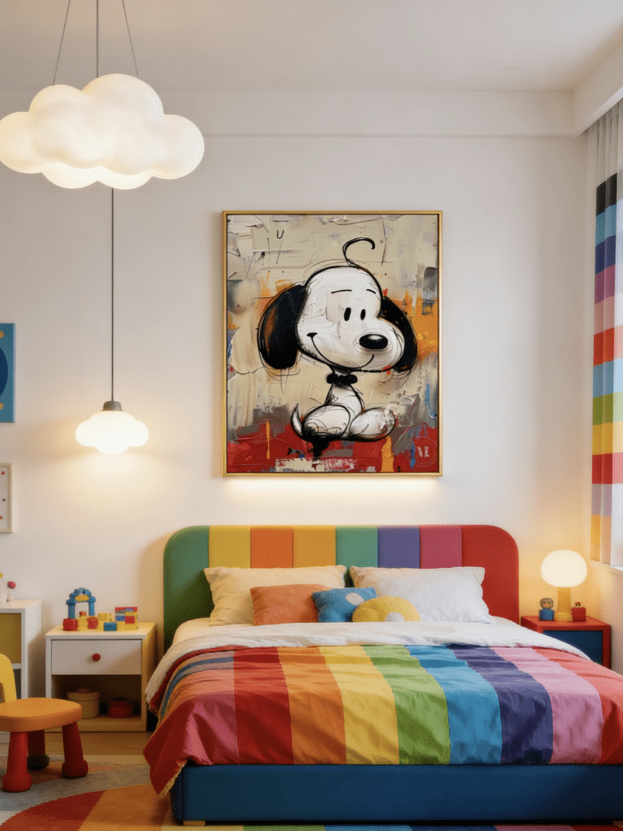 pop art painting– Snoopy cartoon character against textured abstract background, nostalgic wall art for modern interiors