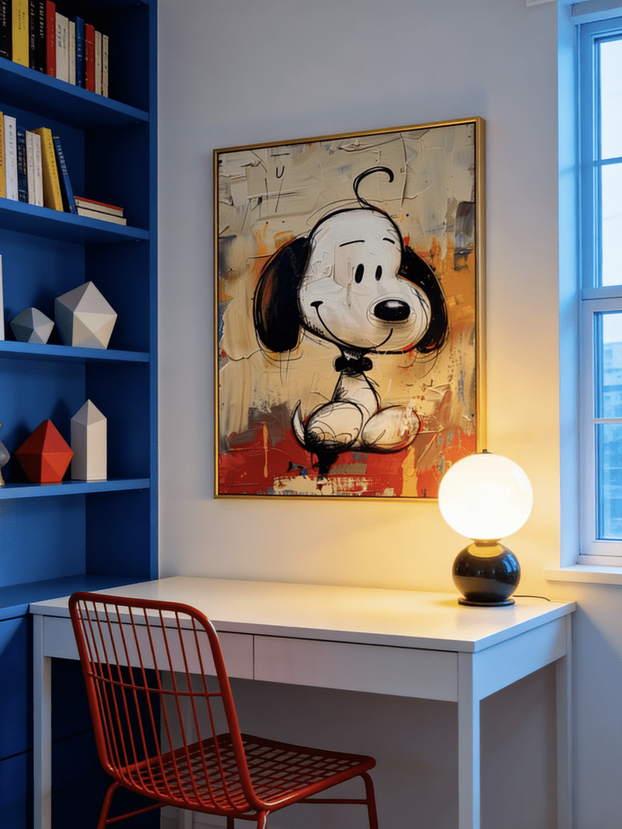 pop art painting– Snoopy cartoon character against textured abstract background, nostalgic wall art for modern interiors