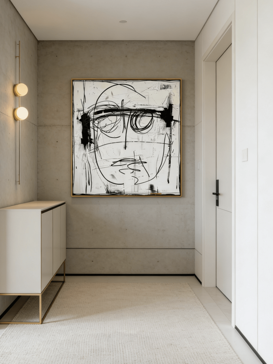 expressionist portrait painting – bold black linework on textured background, neo-expressionist art for modern interiors