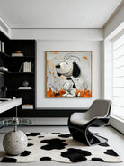 Hand-painted modern graffiti oil painting of Snoopy with black ink splatters and orange paint drips on a gray textured backgroun