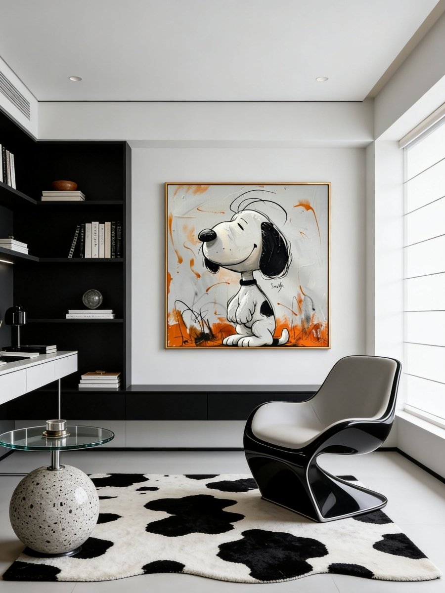 Hand-painted modern graffiti oil painting of Snoopy with black ink splatters and orange paint drips on a gray textured backgroun