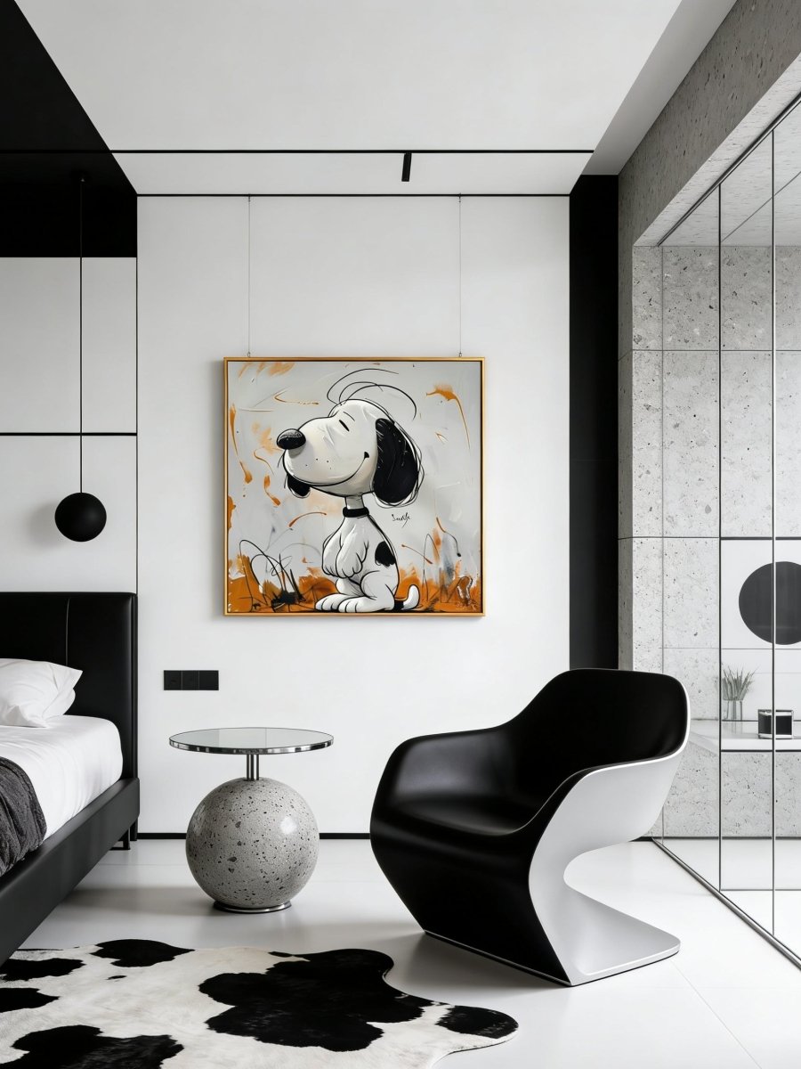 Hand-painted modern graffiti oil painting of Snoopy with black ink splatters and orange paint drips on a gray textured backgroun