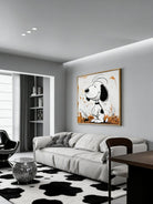 Hand-painted modern graffiti oil painting of Snoopy with black ink splatters and orange paint drips on a gray textured backgroun