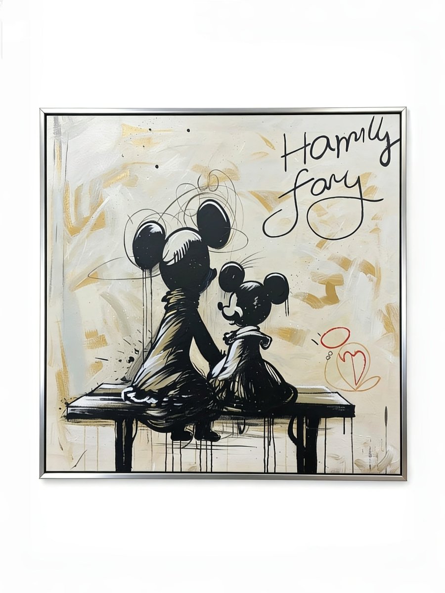 graffiti oil painting featuring two iconic cartoon characters sitting on a bench with black drip paint and cream background.