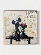 graffiti oil painting featuring two iconic cartoon characters sitting on a bench with black drip paint and cream background.