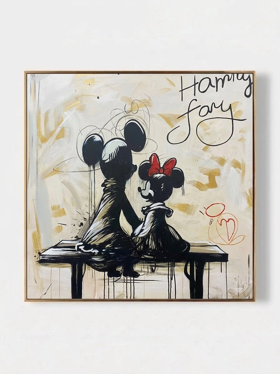 graffiti oil painting featuring two iconic cartoon characters sitting on a bench with black drip paint and cream background.