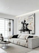 graffiti oil painting featuring two iconic cartoon characters sitting on a bench with black drip paint and cream background.