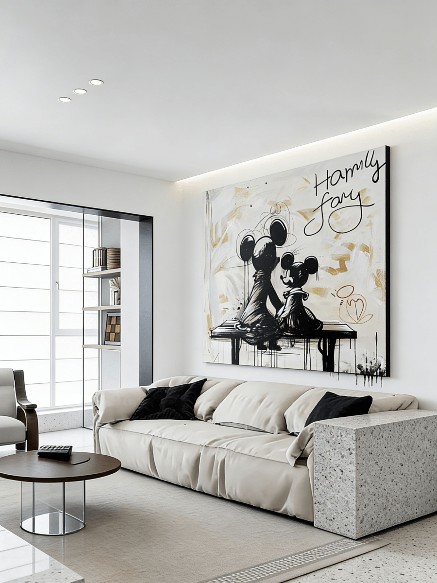 graffiti oil painting featuring two iconic cartoon characters sitting on a bench with black drip paint and cream background.