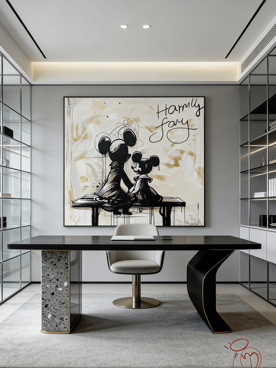graffiti oil painting featuring two iconic cartoon characters sitting on a bench with black drip paint and cream background.