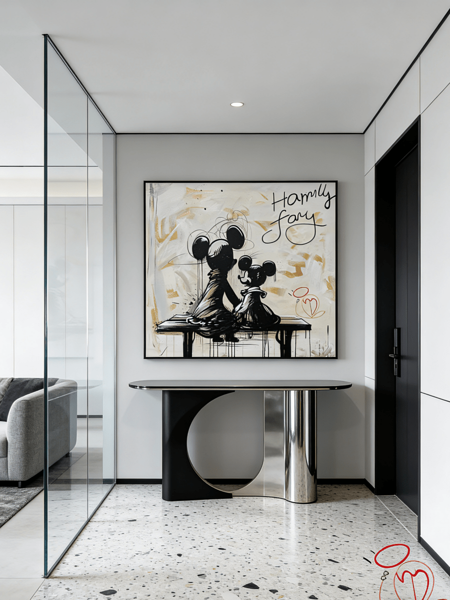 graffiti oil painting featuring two iconic cartoon characters sitting on a bench with black drip paint and cream background.