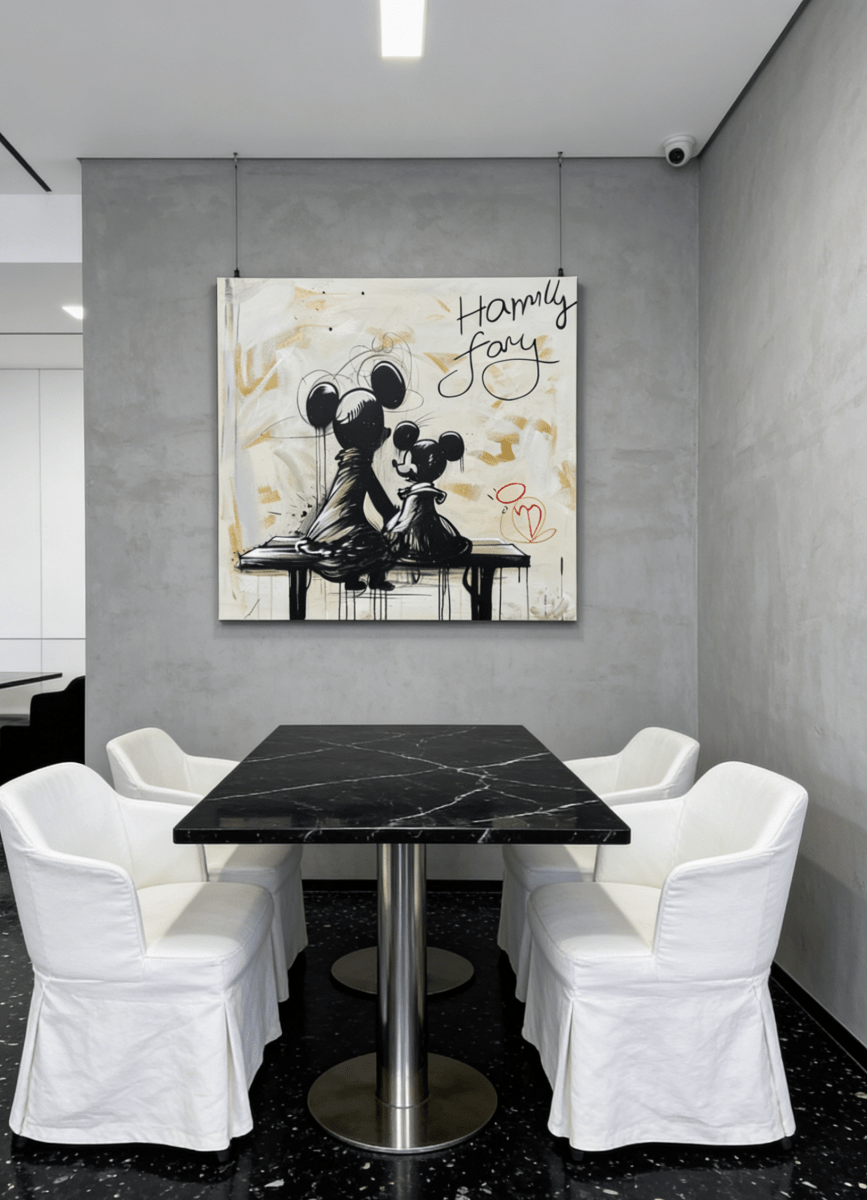 graffiti oil painting featuring two iconic cartoon characters sitting on a bench with black drip paint and cream background.