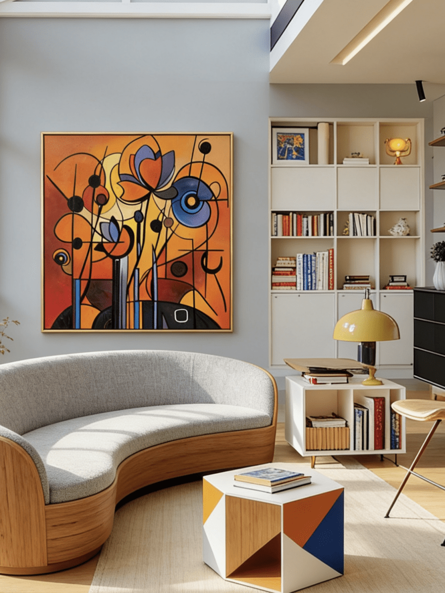 Hand-painted abstract oil painting  featuring geometric orange flowers with bold black lines and purple accents on canvas.