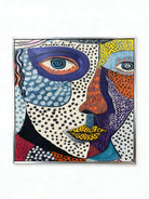 abstract pop expressionist portrait featuring a face with blue eyes, yellow lips, and colorful dot patterns on canvas.