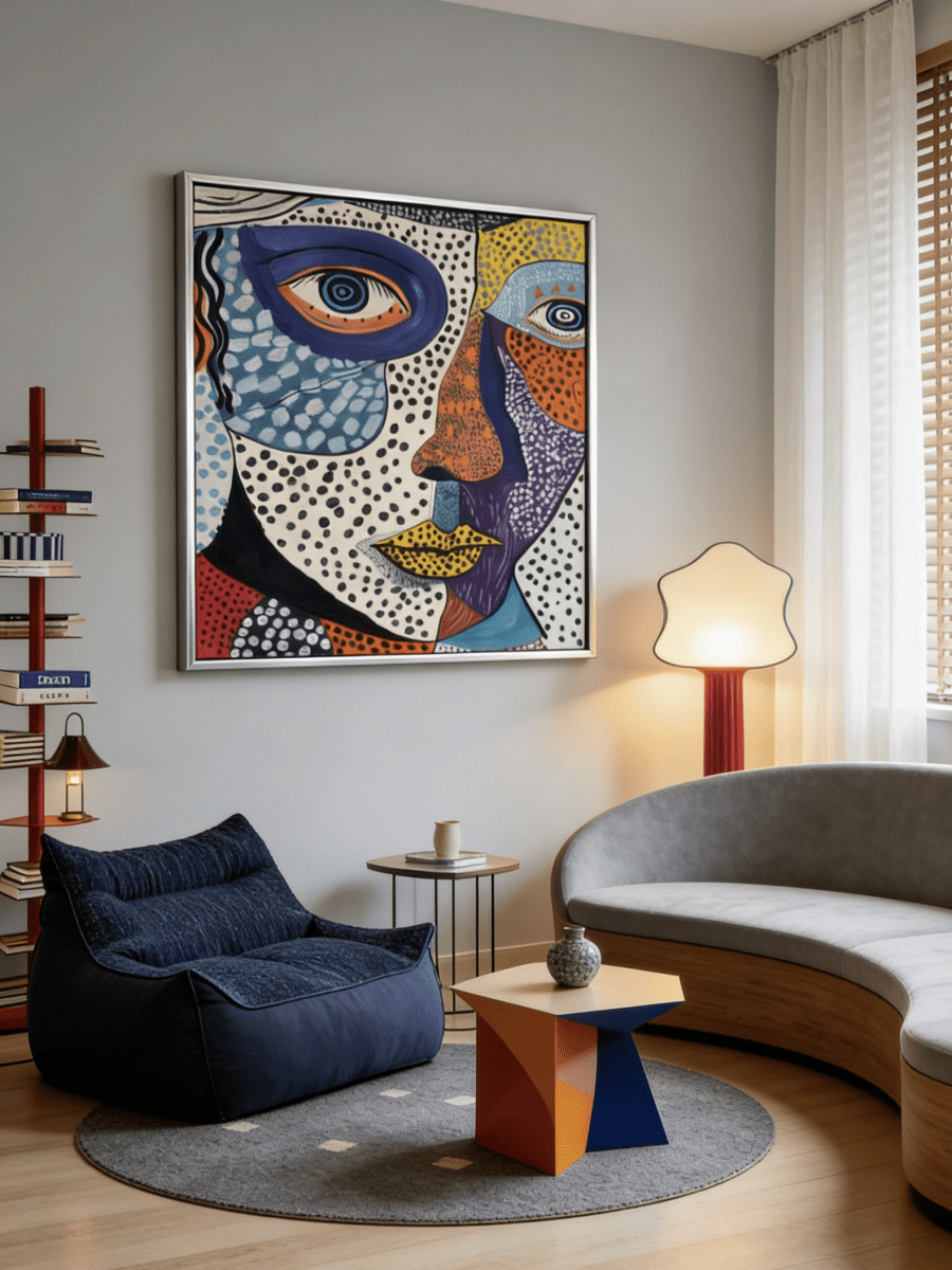 abstract pop expressionist portrait featuring a face with blue eyes, yellow lips, and colorful dot patterns on canvas.