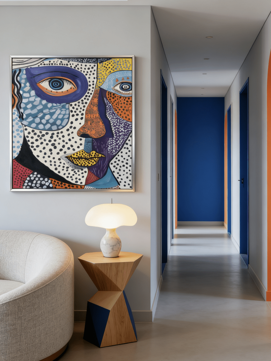 abstract pop expressionist portrait featuring a face with blue eyes, yellow lips, and colorful dot patterns on canvas.