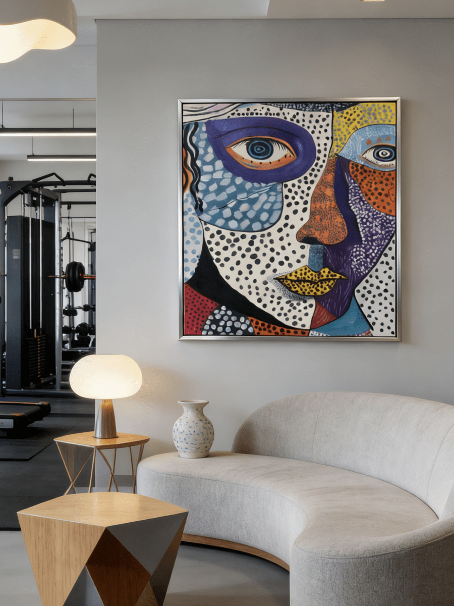 abstract pop expressionist portrait featuring a face with blue eyes, yellow lips, and colorful dot patterns on canvas.