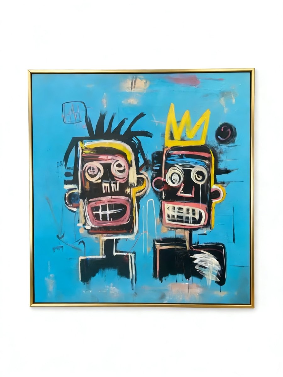 Hand-painted street graffiti art featuring two Basquiat-style figures with a yellow crown on a vibrant blue textured canvas.