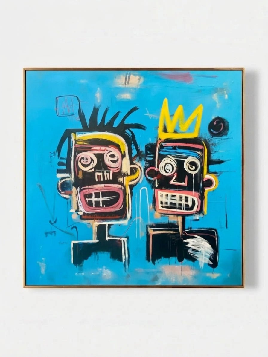 Hand-painted street graffiti art featuring two Basquiat-style figures with a yellow crown on a vibrant blue textured canvas.