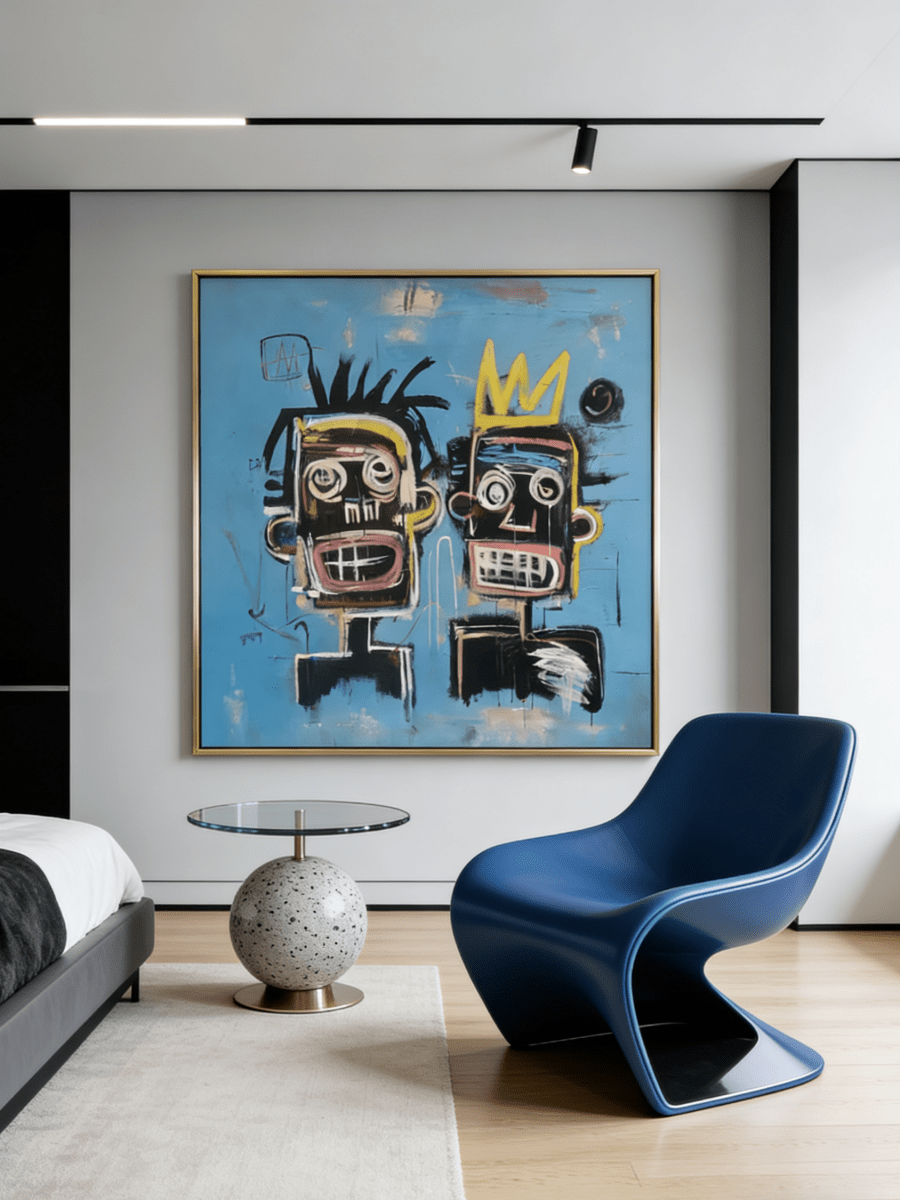 Hand-painted street graffiti art featuring two Basquiat-style figures with a yellow crown on a vibrant blue textured canvas.