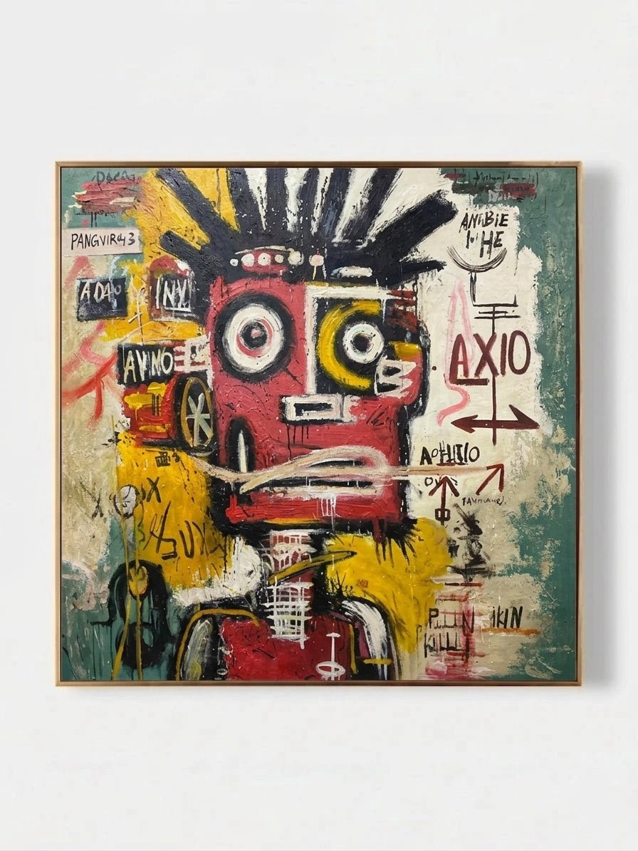 Hand-painted neo-expressionist oil painting by Kaelan Slate featuring a red graffiti portrait with symbols and arrows on a teal and yellow background.