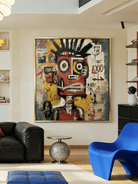 Hand-painted neo-expressionist oil painting by Kaelan Slate featuring a red graffiti portrait with symbols and arrows on a teal and yellow background.