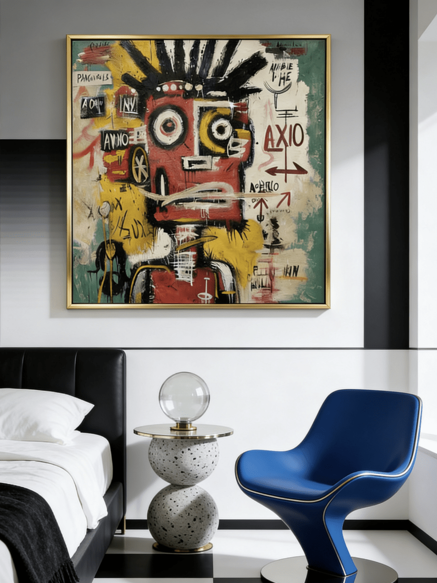 Hand-painted neo-expressionist oil painting by Kaelan Slate featuring a red graffiti portrait with symbols and arrows on a teal and yellow background.