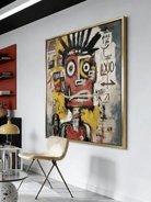 Hand-painted neo-expressionist oil painting by Kaelan Slate featuring a red graffiti portrait with symbols and arrows on a teal and yellow background.