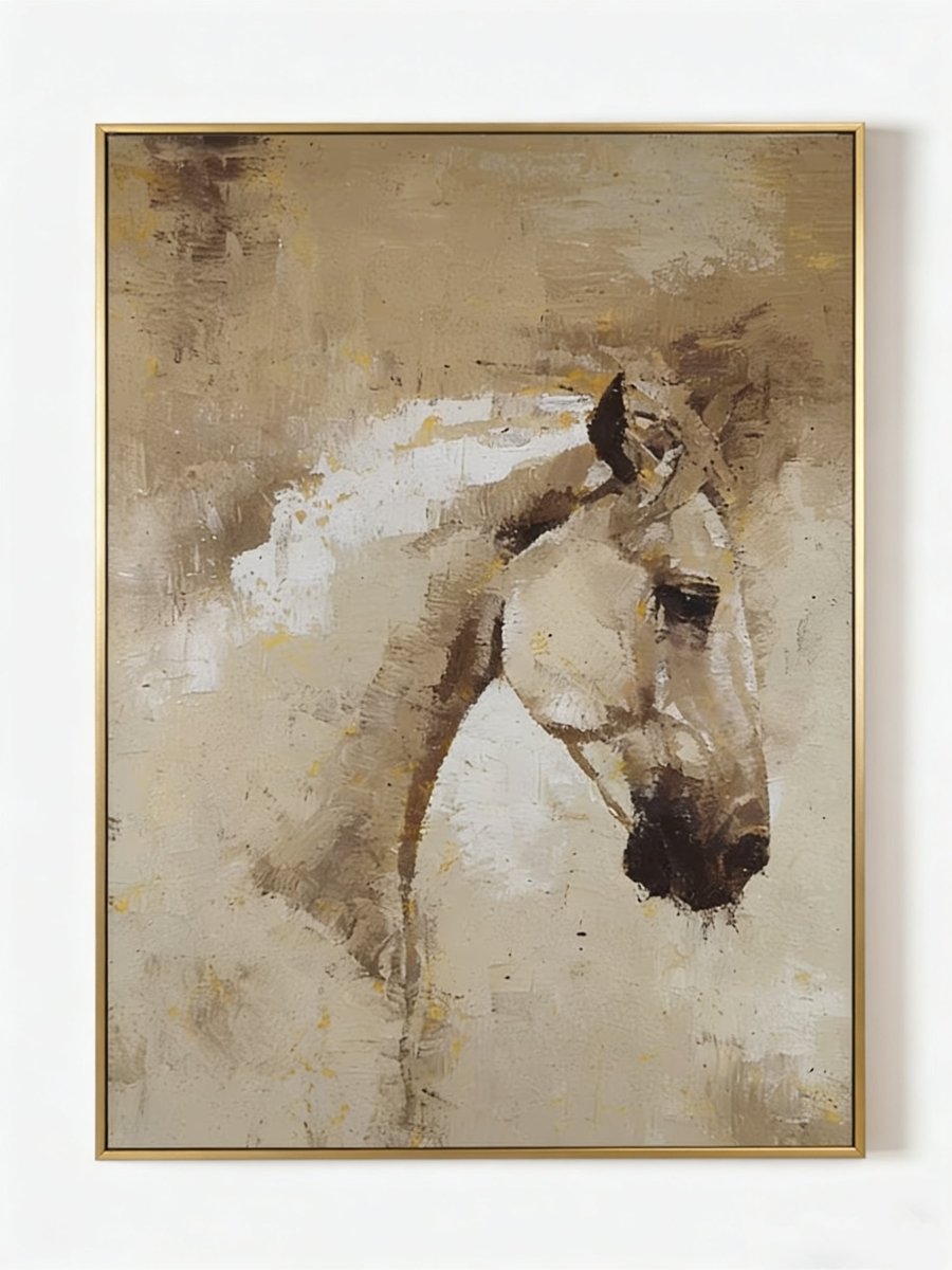 Hand-painted modern impressionist oil painting of a white horse head with heavy impasto texture in beige and cream tones