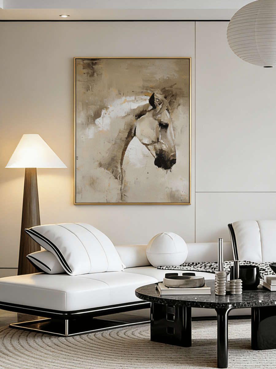 Hand-painted modern impressionist oil painting of a white horse head with heavy impasto texture in beige and cream tones