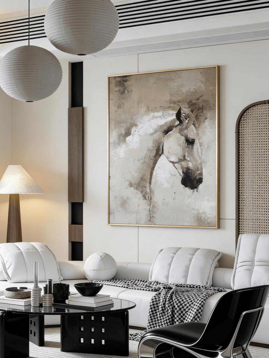 Hand-painted modern impressionist oil painting of a white horse head with heavy impasto texture in beige and cream tones