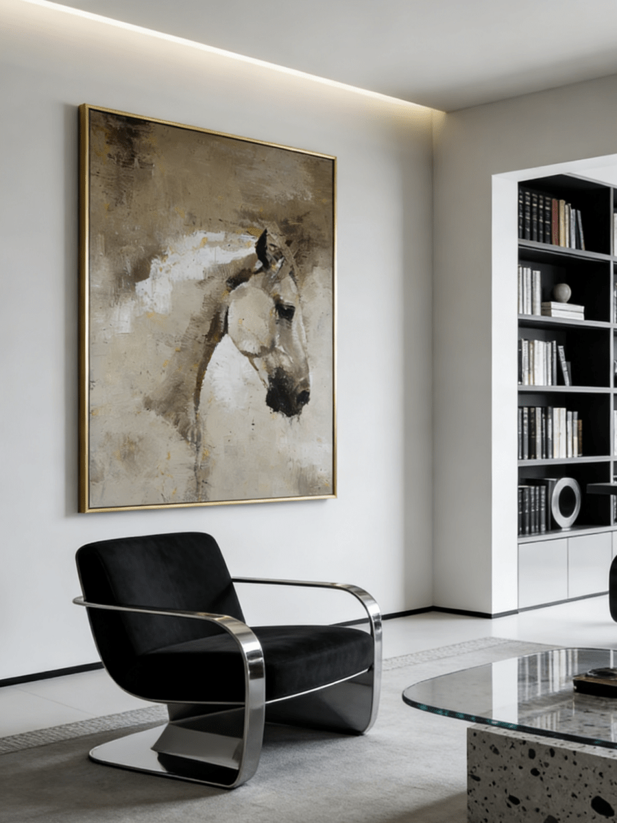 Hand-painted modern impressionist oil painting of a white horse head with heavy impasto texture in beige and cream tones